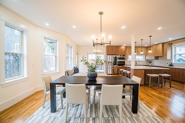 Dining room, Interior, Kitchen, Pendant Lights, Recessed Lighting, Stainless Steel Appliances, Wood Texture Flooring