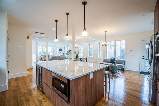 Interior, Kitchen, Living room, Pendant Lights, Recessed Lighting, Wood Texture Flooring