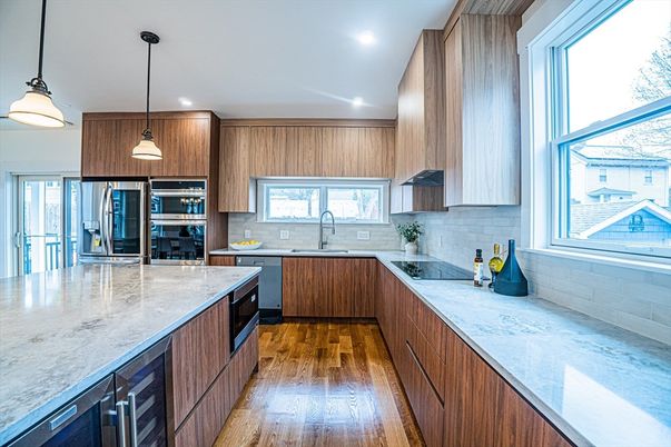 Interior, Kitchen, Pendant Lights, Recessed Lighting, Stainless Steel Appliances, Wood Texture Flooring