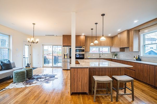 Chandelier, Interior, Kitchen, Pendant Lights, Recessed Lighting, Stainless Steel Appliances, Wood Texture Flooring