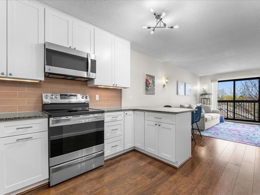 Interior, Kitchen, Living room, Stainless Steel Appliances, Wood Texture Flooring