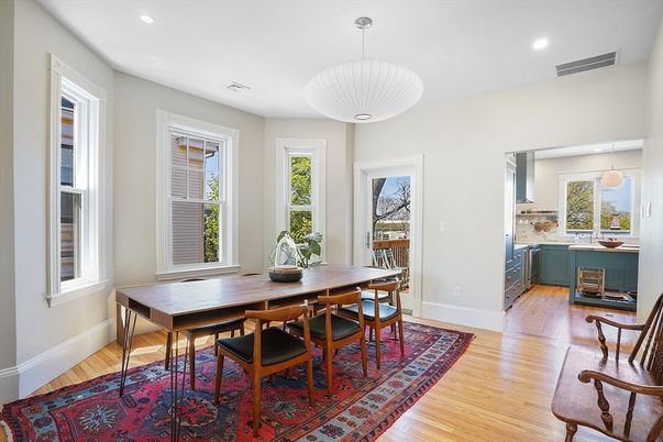 Dining room, Interior, Pendant Lights, Recessed Lighting, Wood Texture Flooring