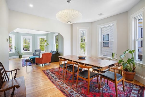 Dining room, Interior, Living room, Pendant Lights, Recessed Lighting, Wood Texture Flooring