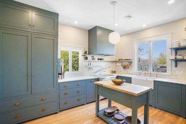 Interior, Kitchen, Marble Walls, Pendant Lights, Recessed Lighting, Wood Texture Flooring