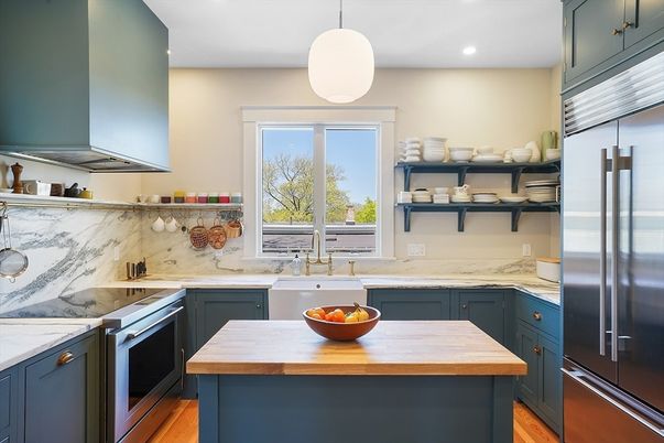 Interior, Kitchen, Marble Walls, Pendant Lights, Recessed Lighting, Stainless Steel Appliances, Wood Texture Flooring