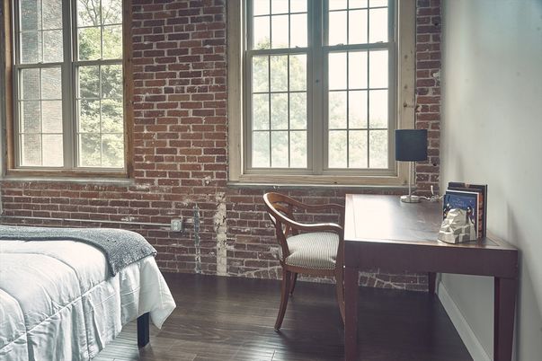 Bedroom, Home Office, Interior, Stone Walls, Wood Texture Flooring