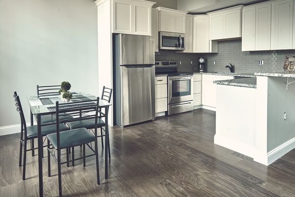 Dining room, Interior, Kitchen, Stainless Steel Appliances, Wood Texture Flooring