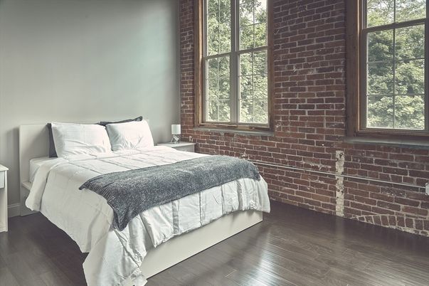 Bedroom, Interior, Stone Walls, Wood Texture Flooring