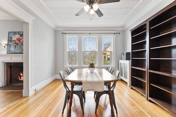 Dining room, Fireplace, Interior, Wood Texture Flooring