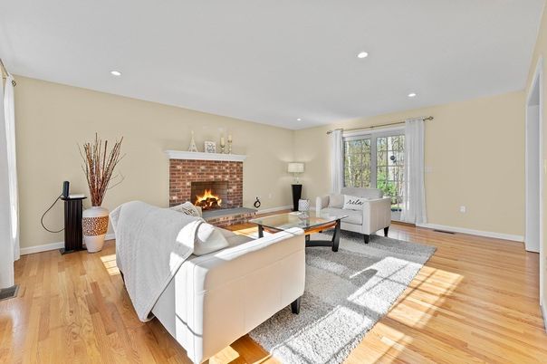 Fireplace, Interior, Living room, Recessed Lighting, Wood Texture Flooring