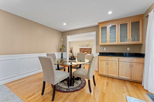 Dining room, Interior, Recessed Lighting, Wood Texture Flooring