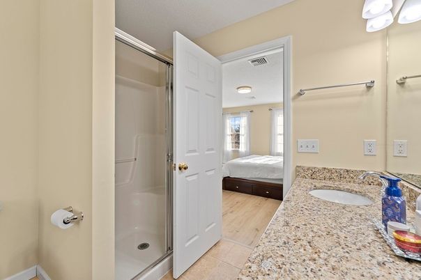 Bathroom, Bedroom, Glass Shower, Interior, Wood Texture Flooring