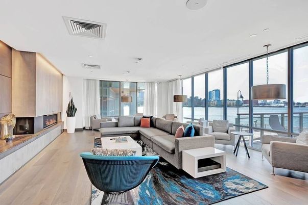 Fireplace, Interior, Living room, Pendant Lights, Recessed Lighting, Water, Wood Texture Flooring