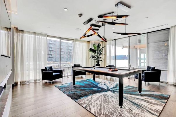Billiard Table, Game Room, Interior, Pendant Lights, Recessed Lighting, Wood Texture Flooring