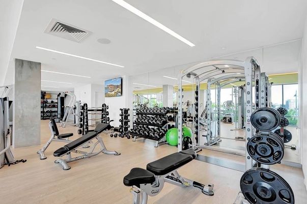 Fitness Equipment, Gym, Interior, Recessed Lighting, Wood Texture Flooring