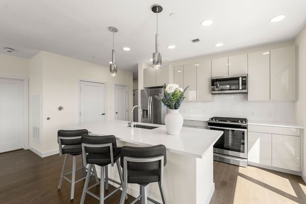 Interior, Kitchen, Pendant Lights, Recessed Lighting, Stainless Steel Appliances, Wood Texture Flooring