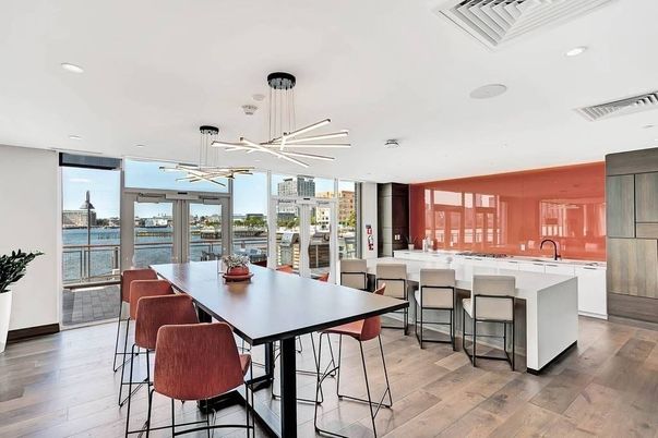 Dining room, Interior, Kitchen, Pendant Lights, Recessed Lighting, Water, Wood Texture Flooring