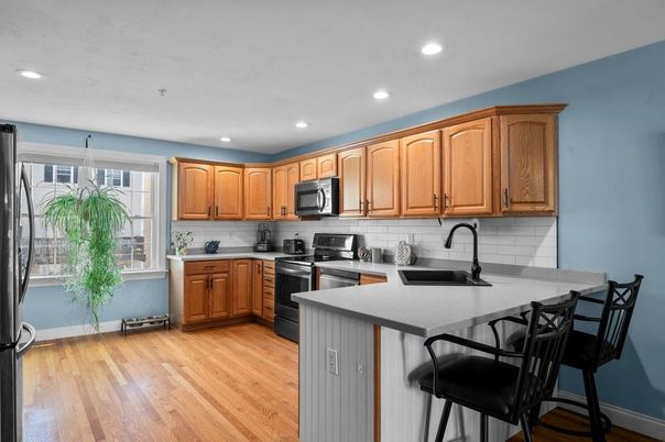 Interior, Kitchen, Recessed Lighting, Stainless Steel Appliances, Wood Texture Flooring