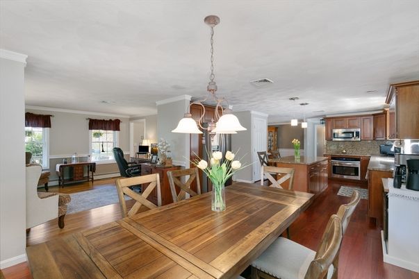 Dining room, Interior, Kitchen, Pendant Lights, Stainless Steel Appliances, Wood Texture Flooring