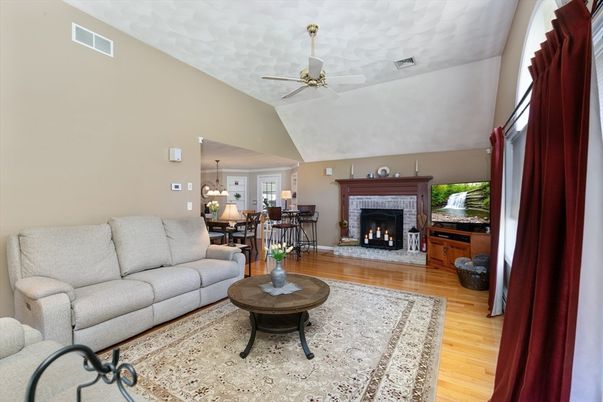 Dining room, Fireplace, Interior, Living room, Pendant Lights, Wood Texture Flooring