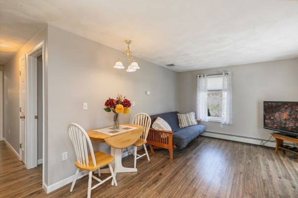 Dining room, Interior, Pendant Lights, Wood Texture Flooring