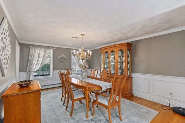 Chandelier, Dining room, Interior, Wood Texture Flooring