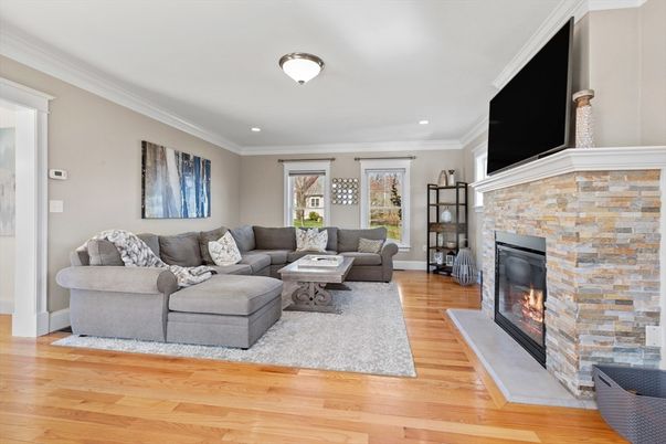 Fireplace, Interior, Living room, Recessed Lighting, Wood Texture Flooring