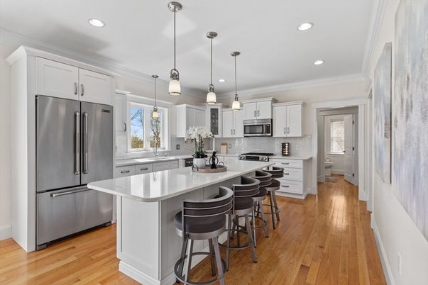 Interior, Kitchen, Pendant Lights, Recessed Lighting, Stainless Steel Appliances, Wood Texture Flooring