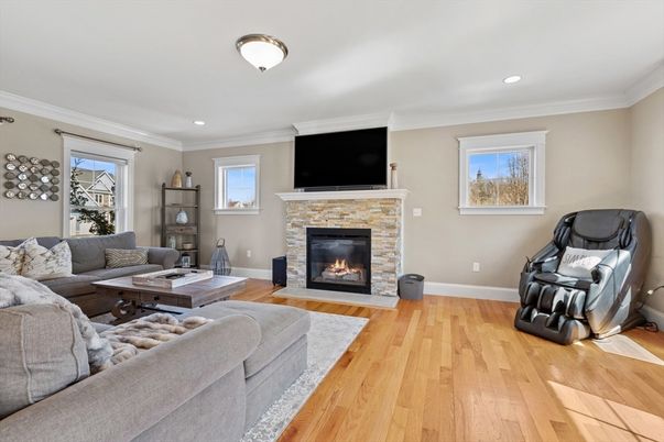 Fireplace, Interior, Living room, Recessed Lighting, Wood Texture Flooring