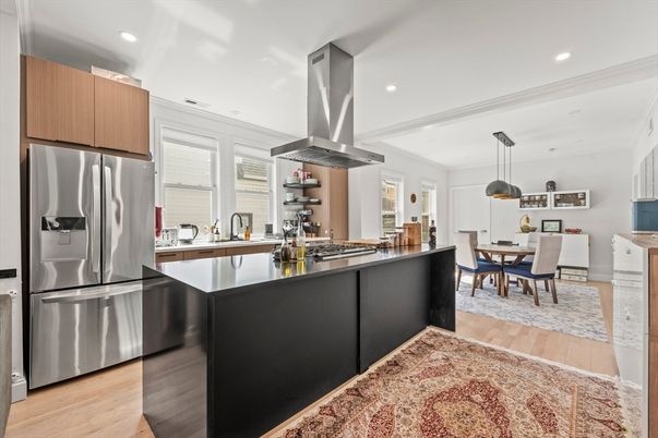 Dining room, Interior, Kitchen, Pendant Lights, Recessed Lighting, Stainless Steel Appliances, Wood Texture Flooring