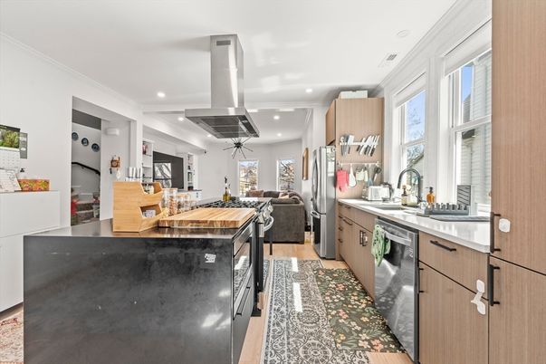 Interior, Kitchen, Living room, Recessed Lighting, Stainless Steel Appliances, Wood Texture Flooring