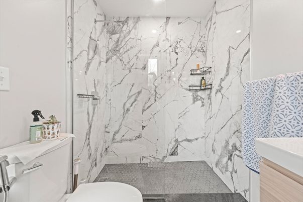 Bathroom, Glass Shower, Interior, Marble Walls, Recessed Lighting