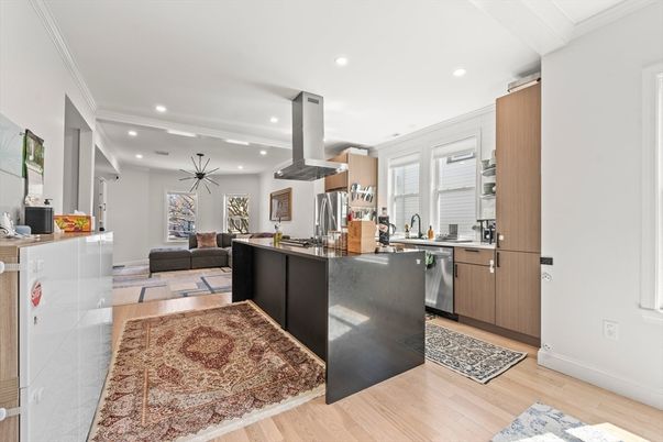 Interior, Kitchen, Living room, Pendant Lights, Recessed Lighting, Stainless Steel Appliances, Wood Texture Flooring