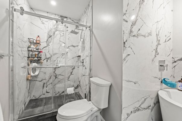 Bathroom, Glass Shower, Interior, Marble Walls, Recessed Lighting