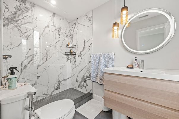 Bathroom, Interior, Marble Walls, Recessed Lighting