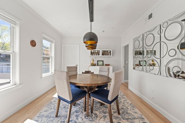 Dining room, Interior, Pendant Lights, Wood Texture Flooring