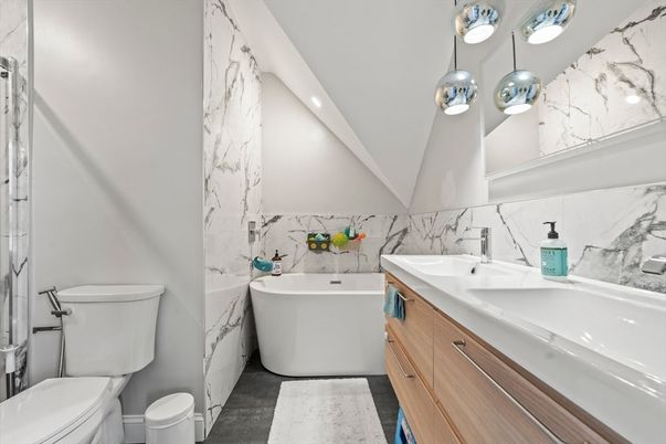 Bathroom, Dual Sink Vanities, Free Standing Baths, Interior, Marble Walls