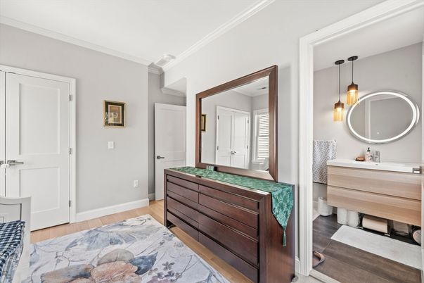 Bathroom, Dual Sink Vanities, Interior, Pendant Lights, Wood Texture Flooring