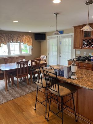 Dining room, Interior, Pendant Lights, Recessed Lighting, Wood Texture Flooring