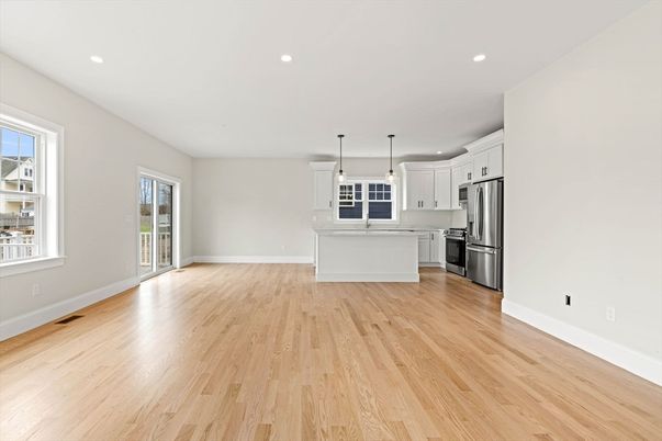 Empty room, Interior, Kitchen, Pendant Lights, Recessed Lighting, Stainless Steel Appliances, Wood Texture Flooring