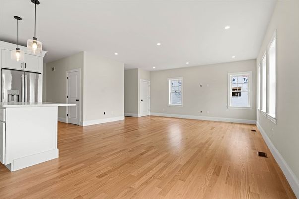 Empty room, Interior, Kitchen, Pendant Lights, Recessed Lighting, Stainless Steel Appliances, Wood Texture Flooring