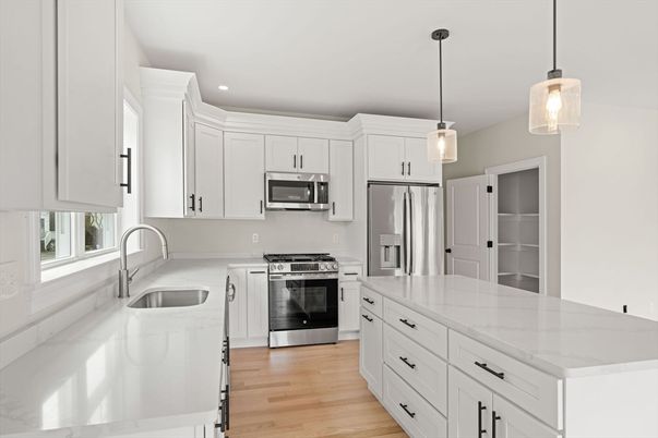 Interior, Kitchen, Pendant Lights, Recessed Lighting, Stainless Steel Appliances, Wood Texture Flooring