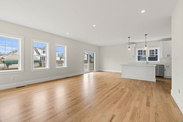 Empty room, Interior, Kitchen, Pendant Lights, Recessed Lighting, Wood Texture Flooring