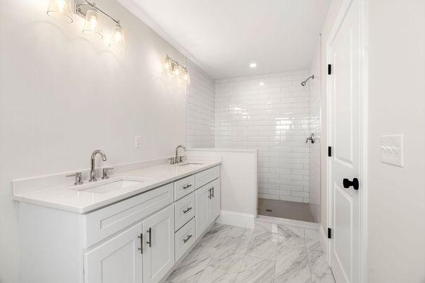Bathroom, Dual Sink Vanities, Interior, Marble, Recessed Lighting