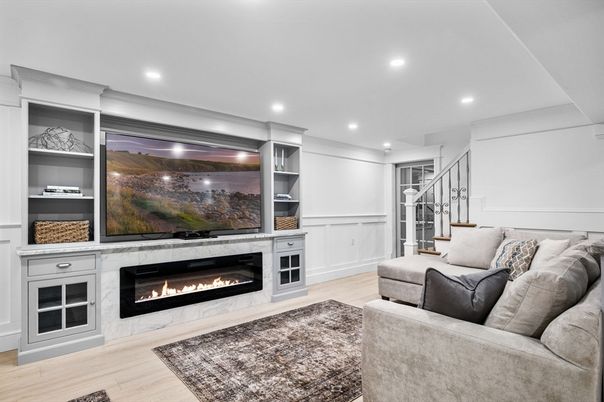 Fireplace, Interior, Living room, Recessed Lighting, Wood Texture Flooring