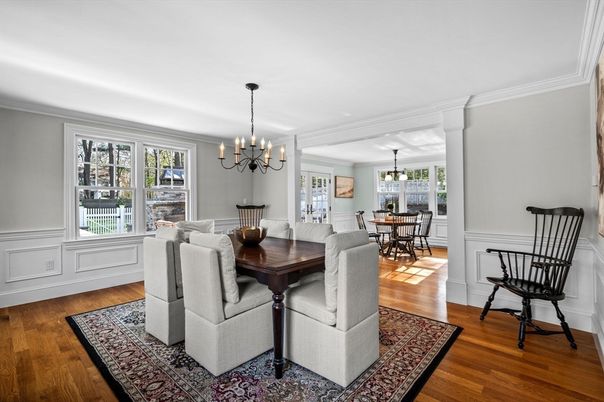 Chandelier, Dining room, Interior, Wood Texture Flooring