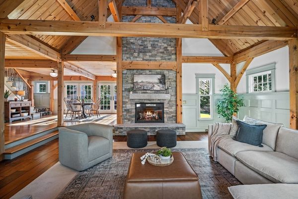 Dining room, Fireplace, Interior, Living room, Stone Walls, Wooden Beams, Wooden Ceilings, Wood Texture Flooring