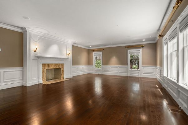 Empty room, Fireplace, Interior, Recessed Lighting, Wood Texture Flooring