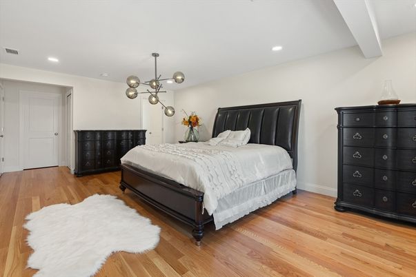 Bedroom, Interior, Pendant Lights, Recessed Lighting, Wood Texture Flooring