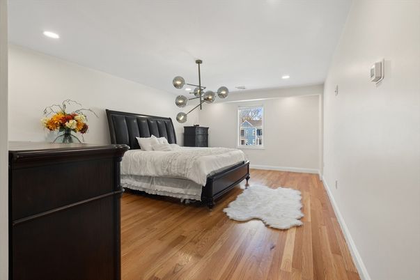 Bedroom, Interior, Pendant Lights, Recessed Lighting, Wood Texture Flooring